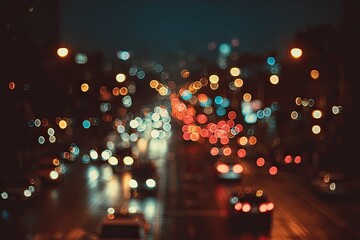 Blurred city street at night with glowing bokeh lights from traffic