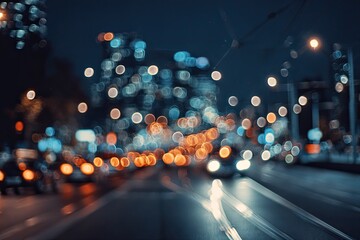 Moody, blurred city street at night with glowing bokeh lights
