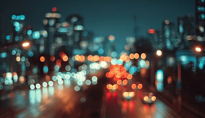 Blurred cityscape at night with glowing bokeh lights and vehicle trails