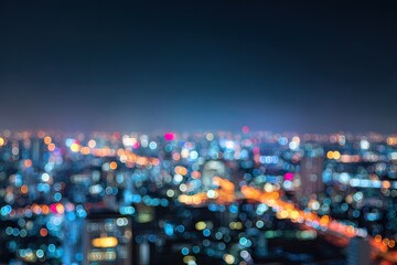 Blurred night cityscape with vibrant bokeh lights reflecting off buildings