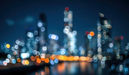 Blurred nighttime cityscape with glowing bokeh lights and reflective water