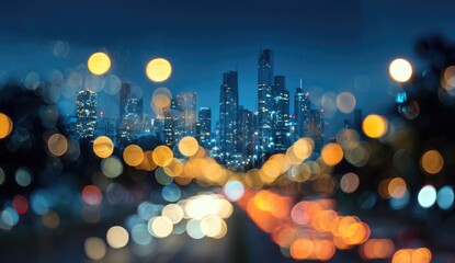 City skyline at night with bokeh lights and traffic trails