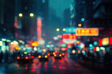 Night city street with blurred neon lights and traffic