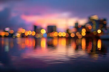 Softly blurred cityscape with colorful bokeh lights over water at dusk