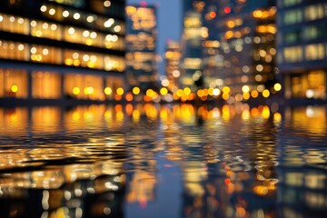 Blurry city lights reflect in rippling water at dusk
