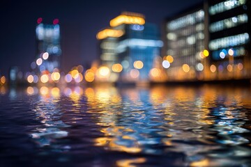 Blurred city lights reflected on rippling water at night