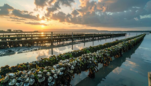 Oyster cultivation beds in tidal zones at sunset, showcasing natural integration with the coastal environment and abundant harvest