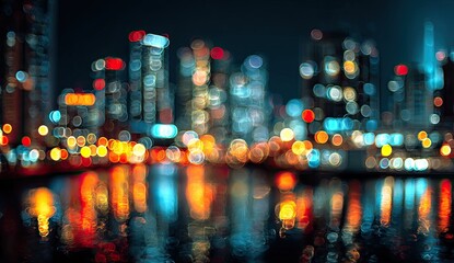 Glowing bokeh lights of a city skyline reflected in dark water at night
