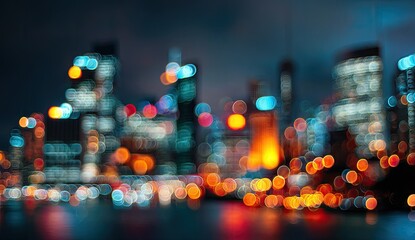 Out-of-focus city lights at night shimmer across dark water, creating bokeh
