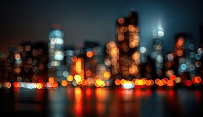 Soft focus city lights glow across water at night, abstract bokeh