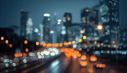 Blurry night cityscape with bokeh lights from traffic and buildings
