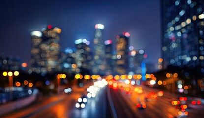 Blurred city skyline at night with glowing lights and traffic (1)