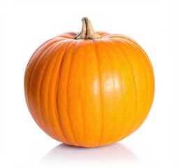 Obraz premium A bright orange pumpkin with vertical grooves and a pronounced stem is depicted on a white background, embodying autumn and naturalness.