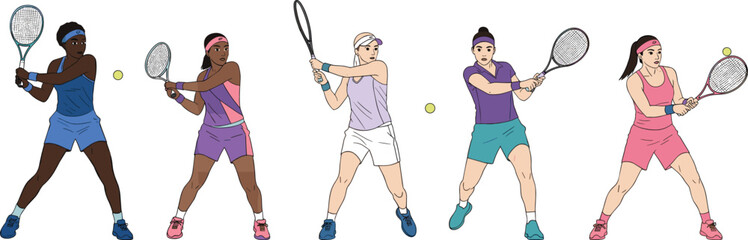 Vector illustration of diverse female tennis players performing two-handed backhand strokes in various colorful sportswear outfits, isolated on a white background, sports set.