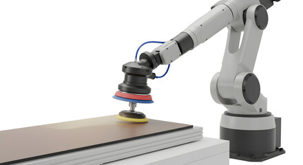 Fototapeta premium Industrial Robotic Arm Polishing Surface in Modern Manufacturing Facility