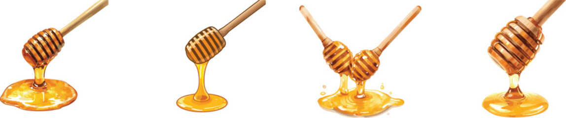 Watercolor set wooden honey dippers with delicious golden honey dripping from them shown in a fully colored. Isolated on white background