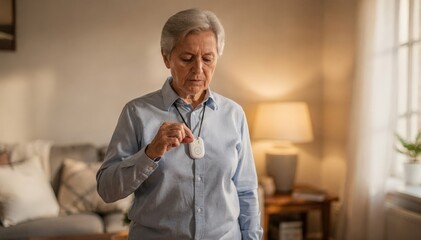 Medium shot of a user testing a fall detector pendant with the wearer in sharp focus against a softly blurred home environment.