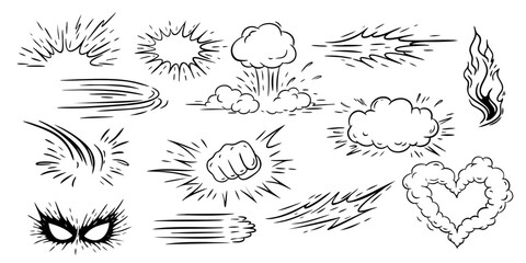 Comic explosion punch cloud mask fire and speed elements set doodle superhero effect © Anna