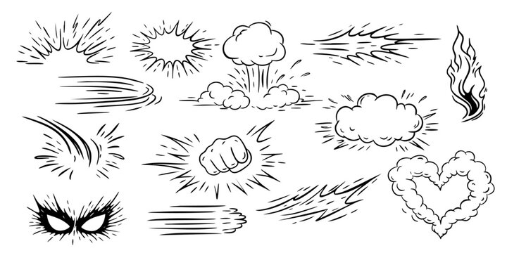 Comic explosion punch cloud mask fire and speed elements set doodle superhero effect
