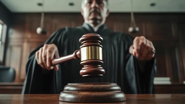 A judge, blurred, holds a gavel above a wooden block, in a courtroom setting