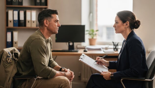 Veteran engaging in a focused discussion with a vocational expert assessing work limitations in a counseling office with a shallow depth of field.