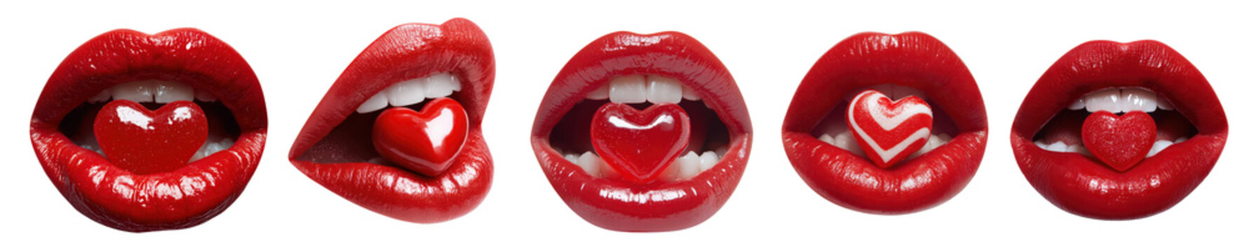 set of lips holding heart shaped candy for valentine romance sensual beauty close up