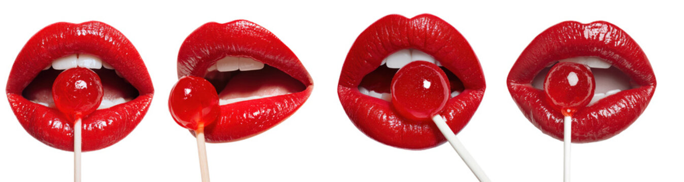 Isolated red glossy lips licking a lollipop for a valentine day cutout design element