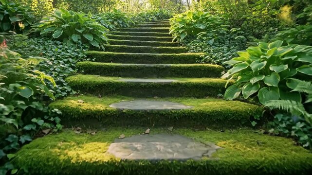 Serene walk on mosscovered garden steps surrounded by lush greenery