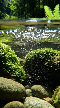 Underwater stream view with rocks moss and vibrant green forest