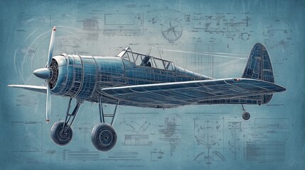 A vintage airplane design illustrated against a blueprint background.