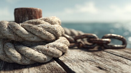 Fototapeta premium Close-up of weathered wooden pier. A thick, textured rope is knotted around a post, with a chain nearby, ocean in the blur