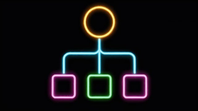 Neon icon decision tree structure map branching path glowing branching line connection colorful square option modern minimal