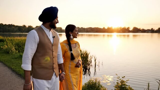 Sikh couple walking hand in hand by a lake at sunset. Punjabi man and woman in traditional attire talking and smiling. Romantic golden hour scene. South Asian relationship concept
