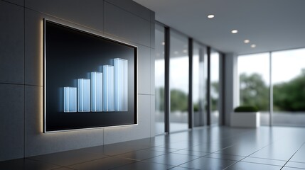 Transparent Screen Business Analytics Display with Holographic Bar Charts and Financial Metrics
