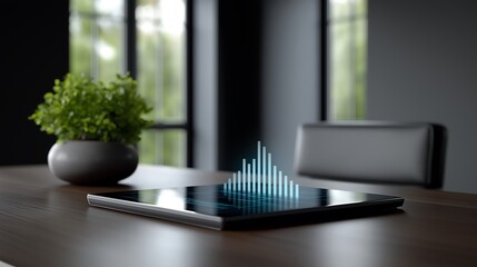 Transparent Screen Financial Statistics Display with Layered Charts in Modern Executive Workspace
