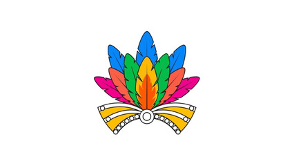 Obraz premium Colorful feathered headdress with a bow tie on a white background, featuring blue, green, orange, pink, and yellow feathers.