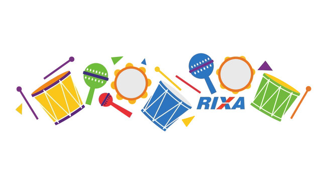 Colorful illustration of musical instruments including drums and maracas with the RIXA logo against a clean white background.