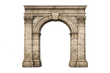 Ancient stone archway with classical architecture detailing, creating a historical gateway or portal, isolated on transparent background