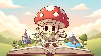 A whimsical mushroom character standing on an open book in a fantastical landscape with mountains and clouds © bahar