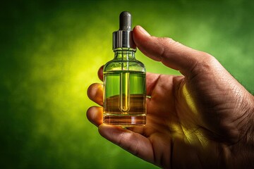 Hand holding a small glass dropper bottle filled with golden liquid