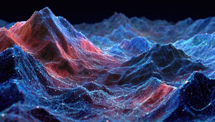 Futuristic glowing digital mountain range with data points, abstract