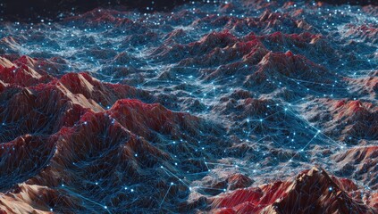 Illuminated connections overlaying a detailed, rugged, mountainous terrain