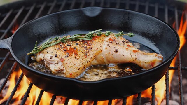 Seasoned chicken leg frying in cast iron skillet over open fire. Bright flame light, sizzling outdoor BBQ concept.