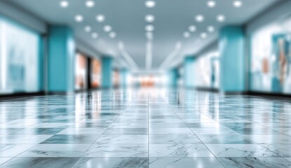 Wide, brightly lit, modern indoor walkway with polished floor and storefronts