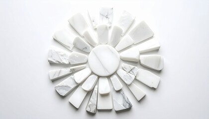 Radiating Cluster of Smooth White Polished Marble Fragments Arranged in a Sunburst Pattern