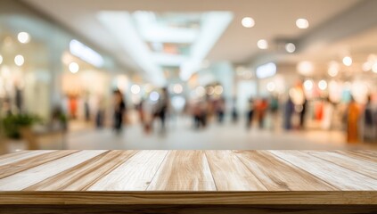 Blurred view of a busy indoor shopping arcade with a wooden table in foreground