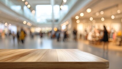 Empty wooden table in a blurry, bright shopping mall with people