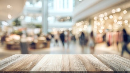 A warm wooden table foregrounds a softly blurred shopping mall with people