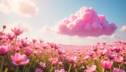 Fototapeta premium A fluffy pink cloud floats above a field of blooming pink flowers, bathed in soft sunlight; a cheerful, dreamy scene representing pure joy and happiness , sweet, landscape, pastel