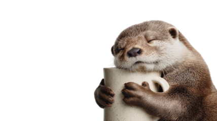 A cute young brown otter resting inside ceramic mug, a wild fur mammal vertebrate, sitting isolated on a white background in a nature wildlife style